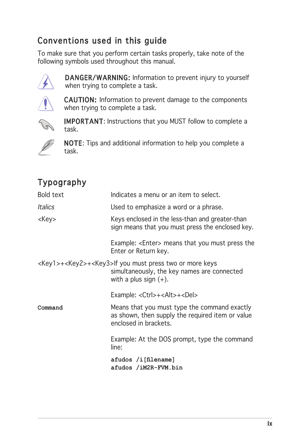 Conventions used in this guide, Typography | Asus M2R-FVM User Manual | Page 9 / 72