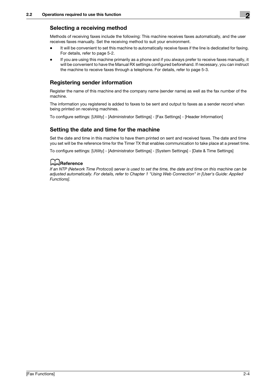 Selecting a receiving method, Registering sender information, Setting the date and time for the machine | Konica Minolta bizhub C3350 User Manual | Page 10 / 69