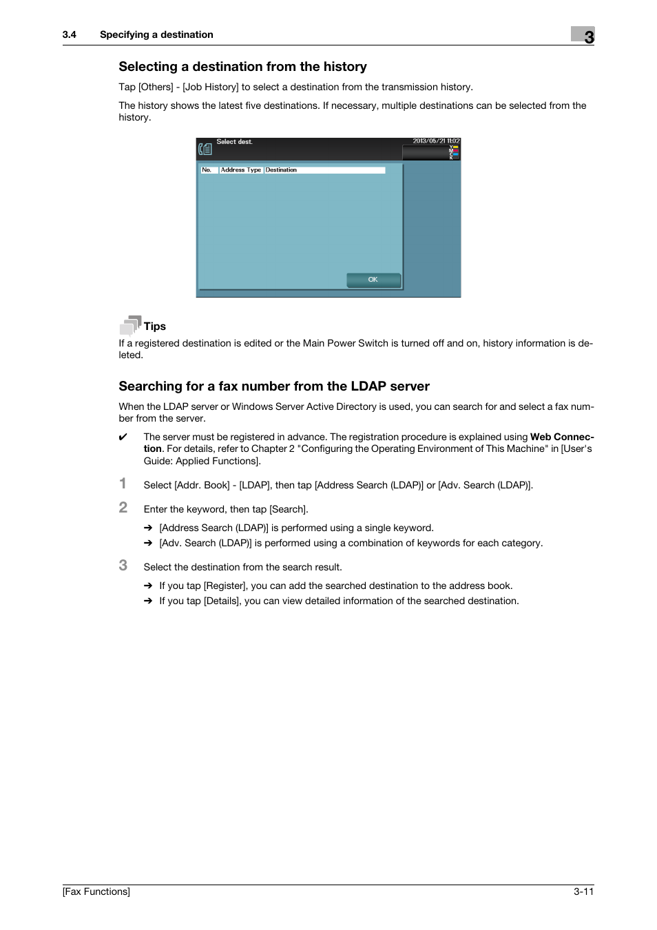 Selecting a destination from the history, Searching for a fax number from the ldap server | Konica Minolta bizhub C3350 User Manual | Page 22 / 69
