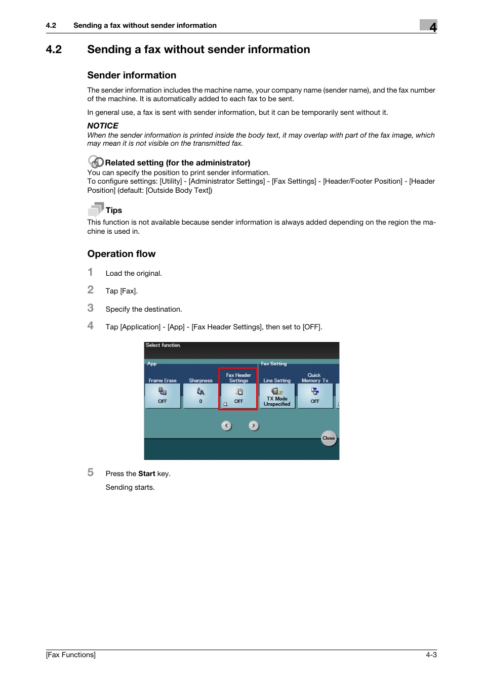 2 sending a fax without sender information, Sender information, Operation flow | Operation flow -3 | Konica Minolta bizhub C3350 User Manual | Page 28 / 69