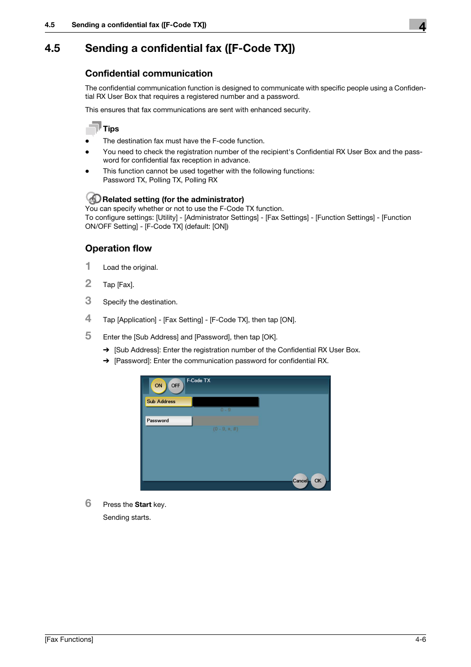 5 sending a confidential fax ([f-code tx]), Confidential communication, Operation flow | Konica Minolta bizhub C3350 User Manual | Page 31 / 69