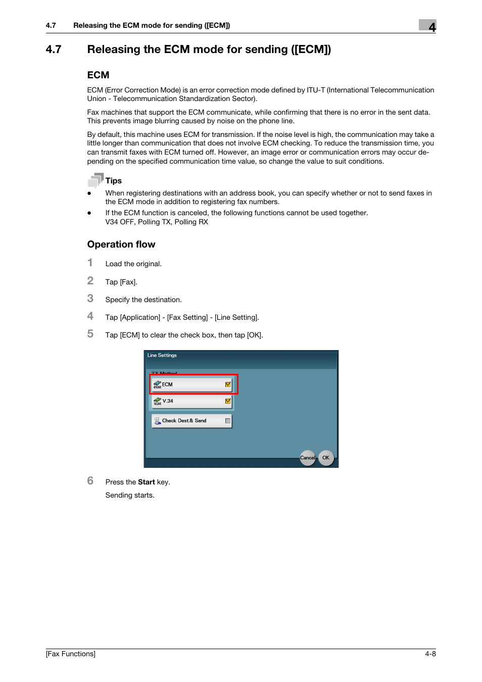 7 releasing the ecm mode for sending ([ecm]), Operation flow | Konica Minolta bizhub C3350 User Manual | Page 33 / 69