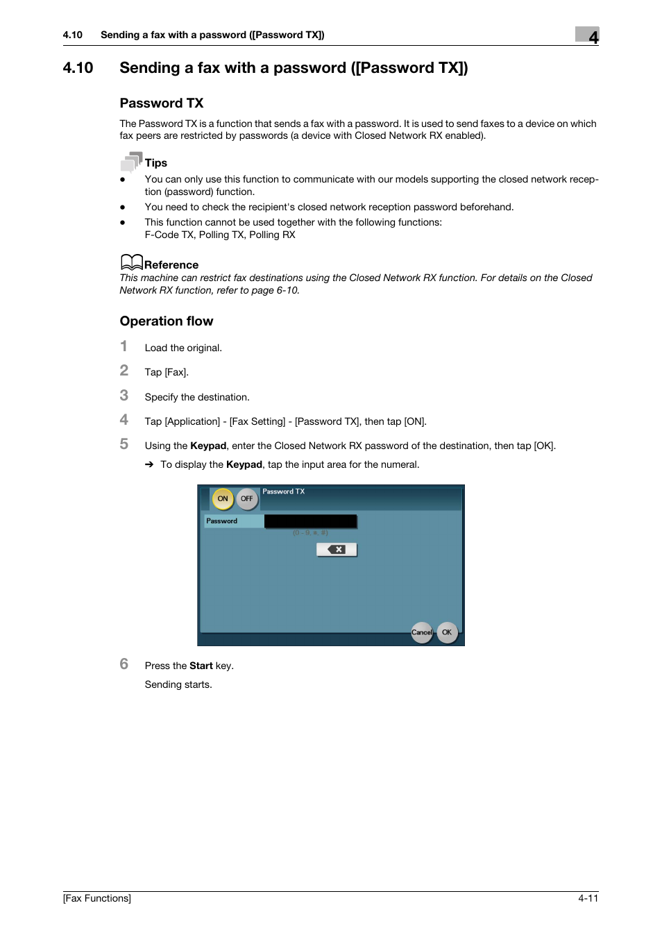 10 sending a fax with a password ([password tx]), Password tx, Operation flow | Konica Minolta bizhub C3350 User Manual | Page 36 / 69