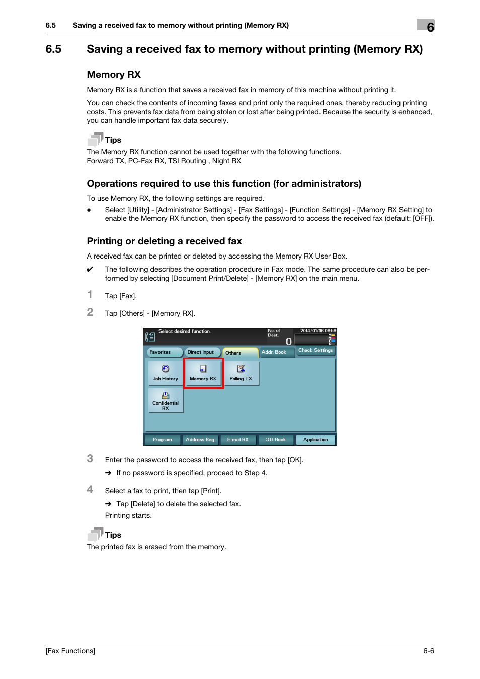 Memory rx, Printing or deleting a received fax | Konica Minolta bizhub C3350 User Manual | Page 48 / 69