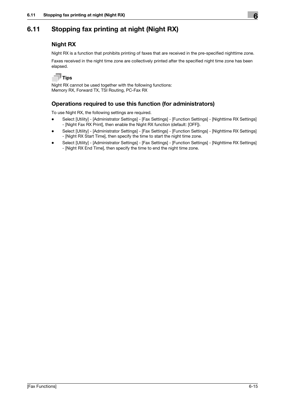 11 stopping fax printing at night (night rx), Night rx | Konica Minolta bizhub C3350 User Manual | Page 57 / 69