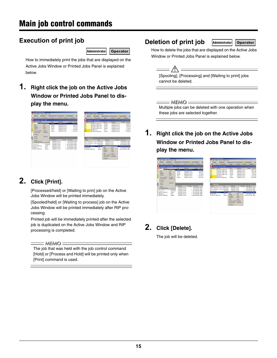 Main job control commands, Execution of print job, Deletion of print job | Konica Minolta bizhub PRO C500 User Manual | Page 15 / 22