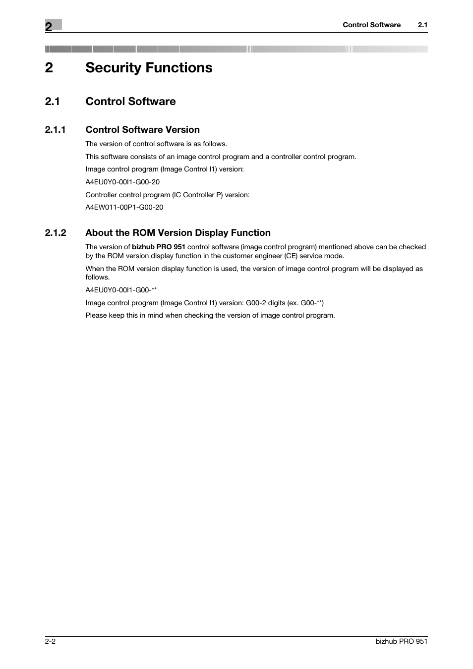 2 security functions, 1 control software, 1 control software version | 2 about the rom version display function, Security functions, Control software -2, Control software version -2, About the rom version display function -2, 2security functions | Konica Minolta bizhub PRO 951 User Manual | Page 12 / 76