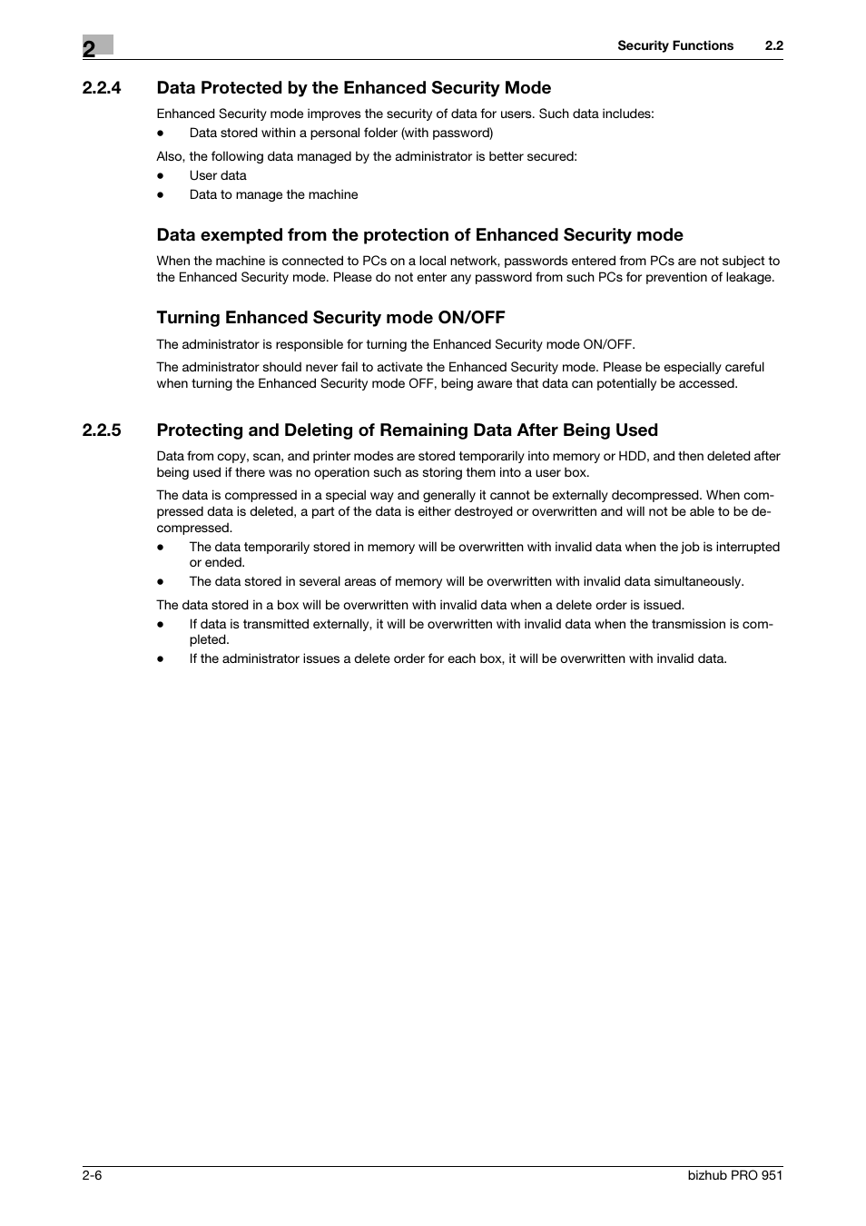 4 data protected by the enhanced security mode, Data protected by the enhanced security mode -6, Turning enhanced security mode on/off | Konica Minolta bizhub PRO 951 User Manual | Page 16 / 76