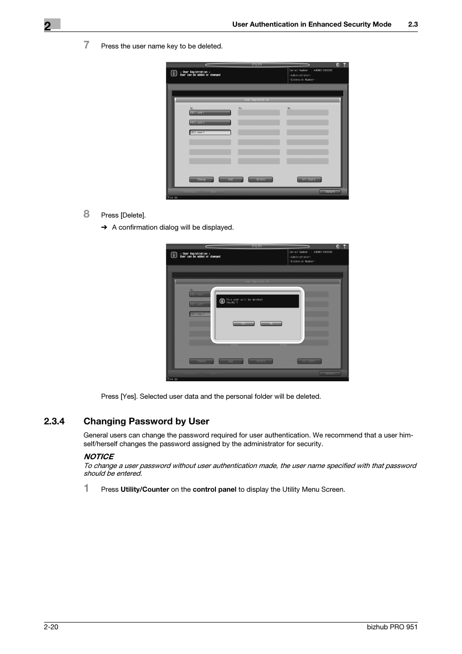 4 changing password by user, Changing password by user -20 | Konica Minolta bizhub PRO 951 User Manual | Page 30 / 76