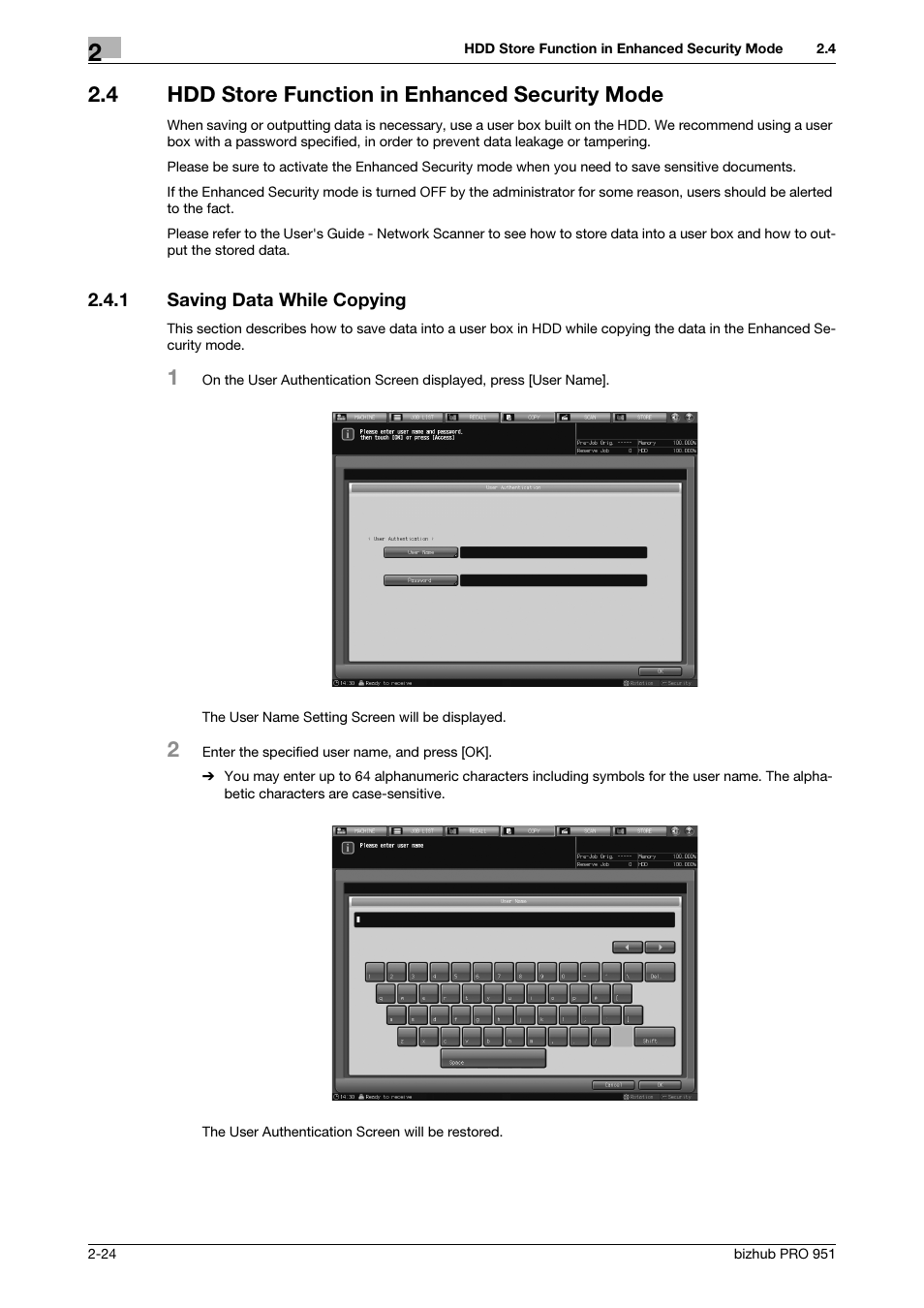 4 hdd store function in enhanced security mode, 1 saving data while copying, Hdd store function in enhanced security mode -24 | Saving data while copying -24 | Konica Minolta bizhub PRO 951 User Manual | Page 34 / 76