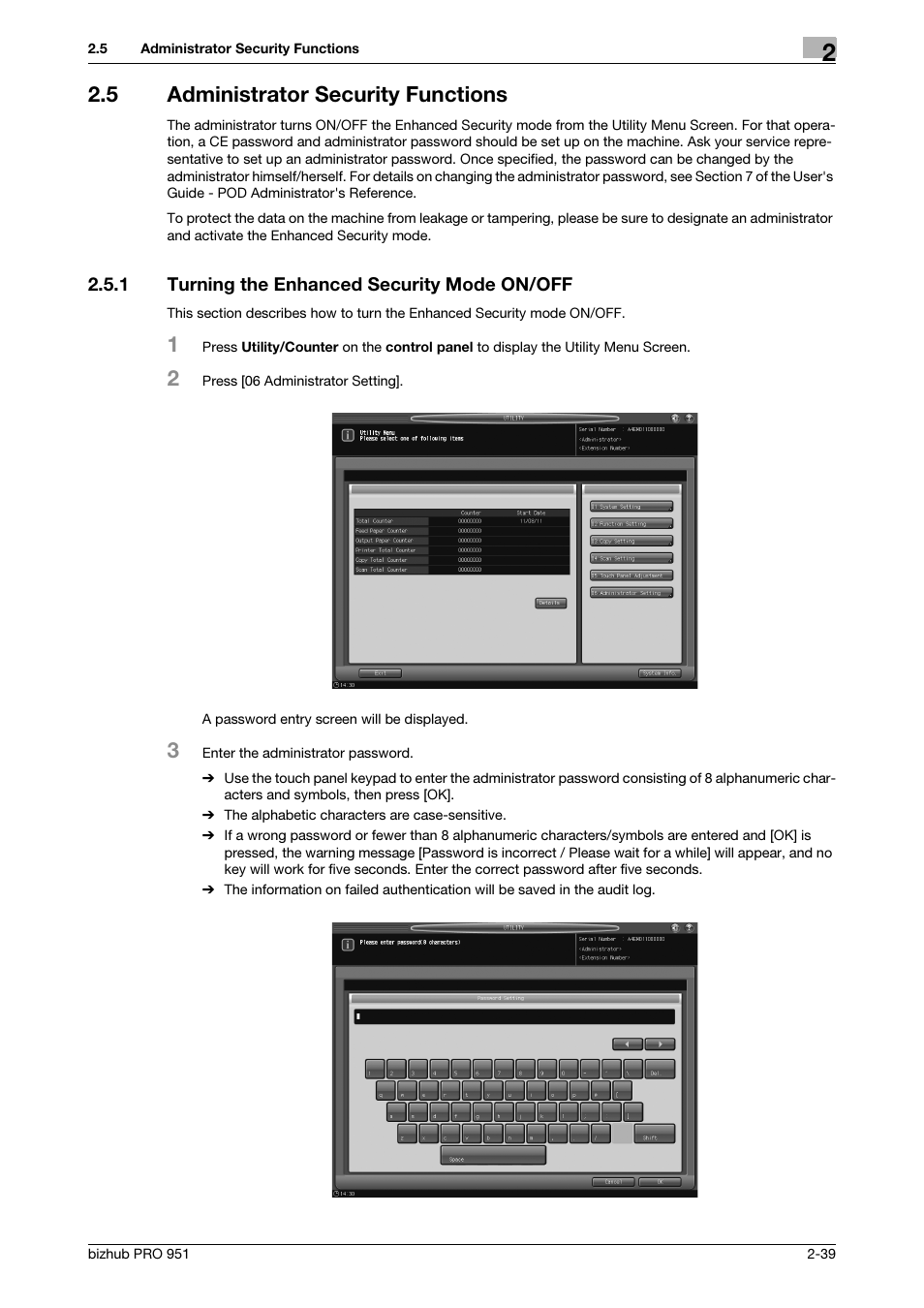 5 administrator security functions, 1 turning the enhanced security mode on/off, Administrator security functions -39 | Turning the enhanced security mode on/off -39 | Konica Minolta bizhub PRO 951 User Manual | Page 49 / 76