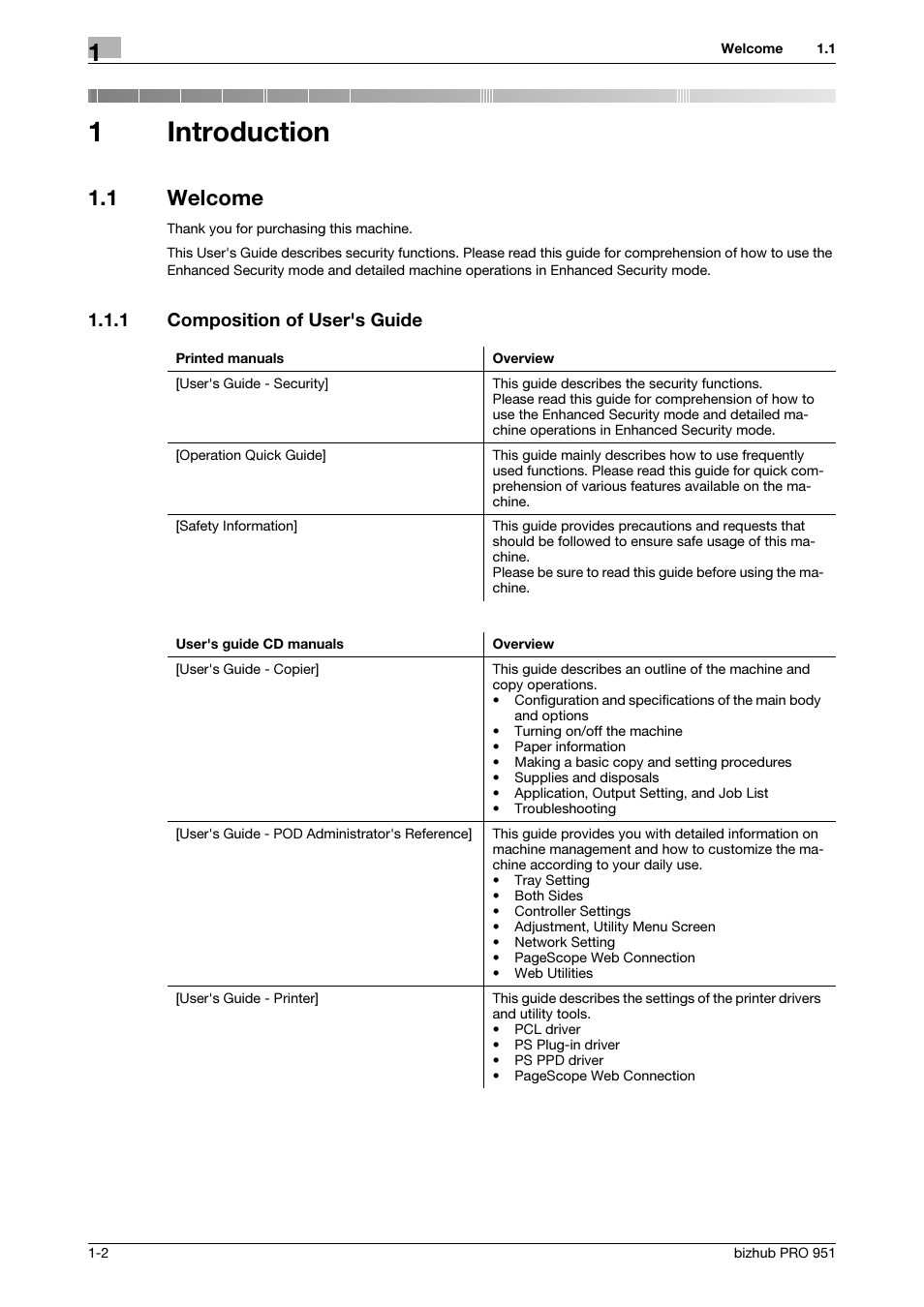 1 introduction, 1 welcome, 1 composition of user's guide | Introduction, Welcome -2, Composition of user's guide -2, 1introduction | Konica Minolta bizhub PRO 951 User Manual | Page 6 / 76