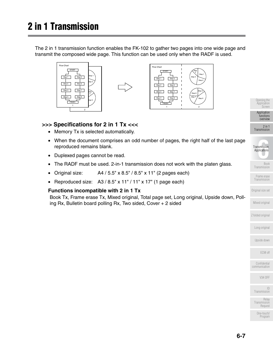 2 in 1 transmission, Specifications for 2 in 1 tx, Functions incompatible with 2 in 1 tx | Konica Minolta FK-102 User Manual | Page 118 / 329