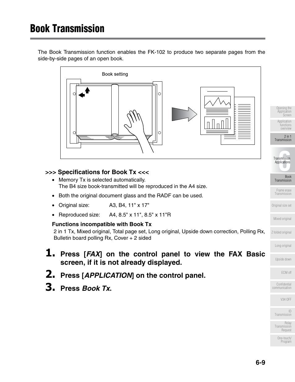 Book transmission, Press [ application ] on the control panel, Press book tx | Konica Minolta FK-102 User Manual | Page 120 / 329