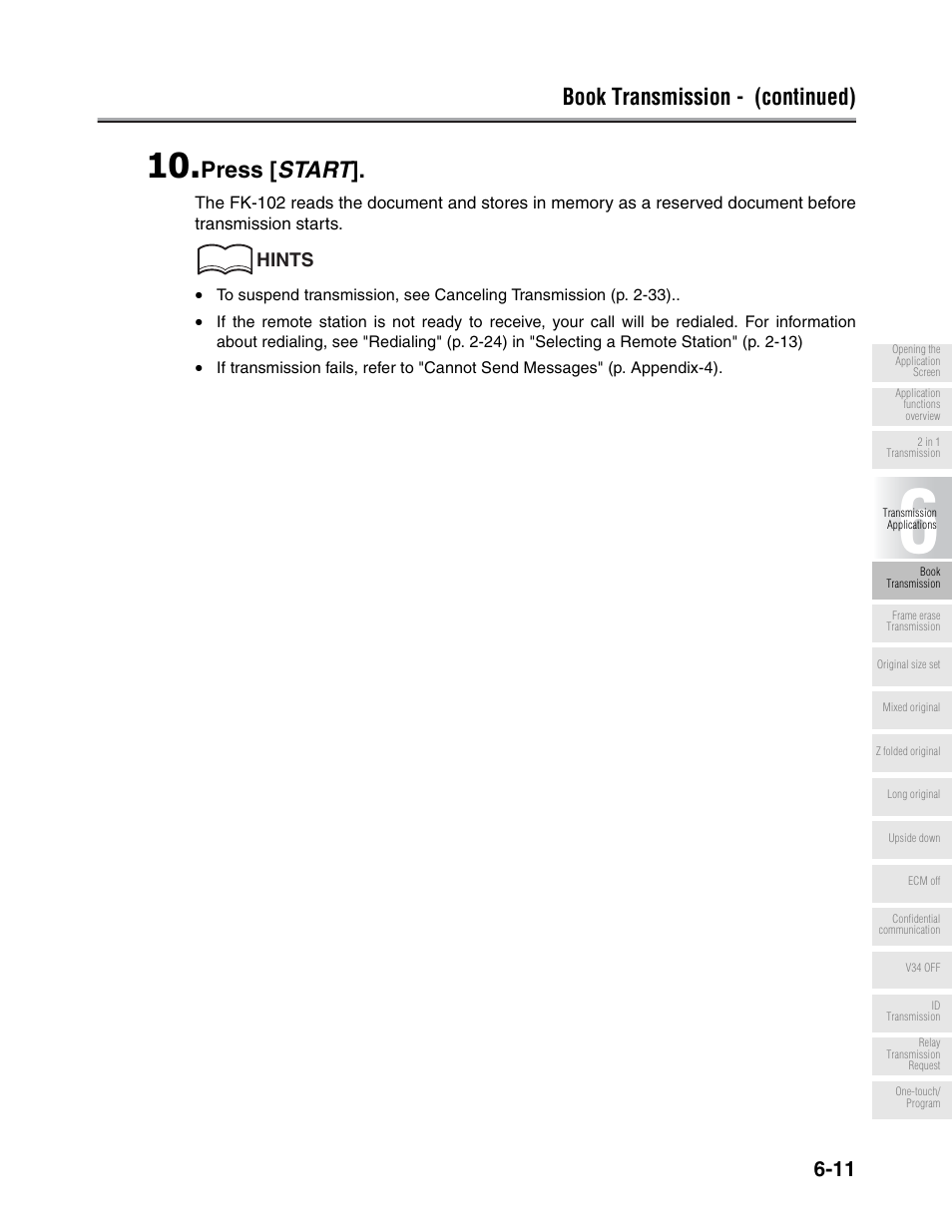 Book transmission - (continued), Press [ start, Hints | Konica Minolta FK-102 User Manual | Page 122 / 329