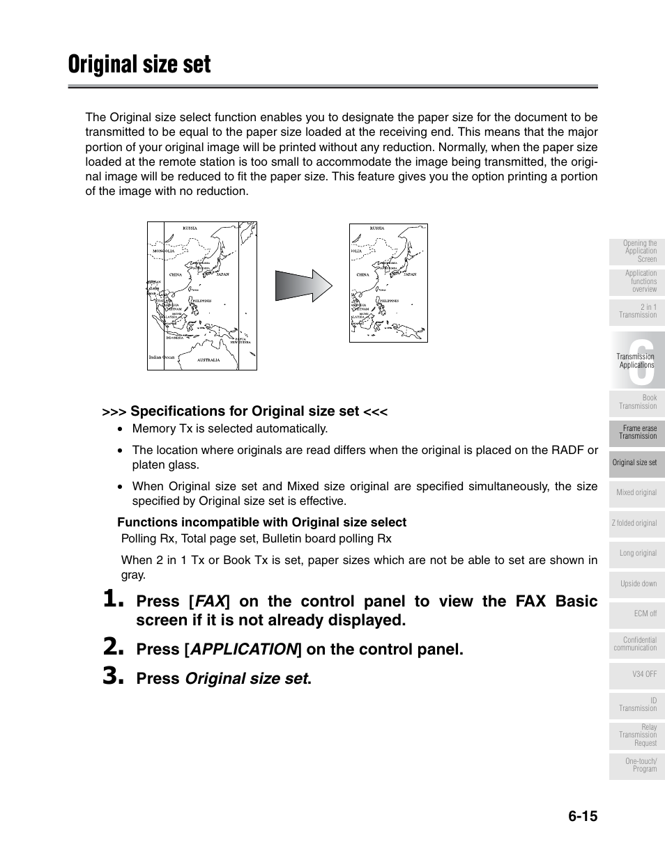 Original size set, Press [ application ] on the control panel, Press original size set | Konica Minolta FK-102 User Manual | Page 126 / 329