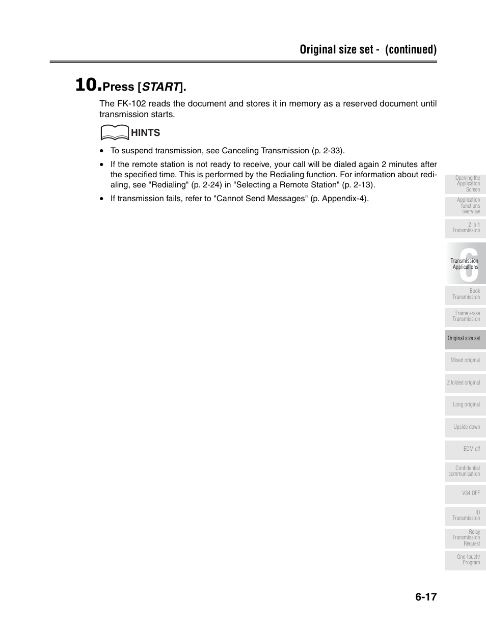 Original size set - (continued), Press [ start, Hints | Konica Minolta FK-102 User Manual | Page 128 / 329
