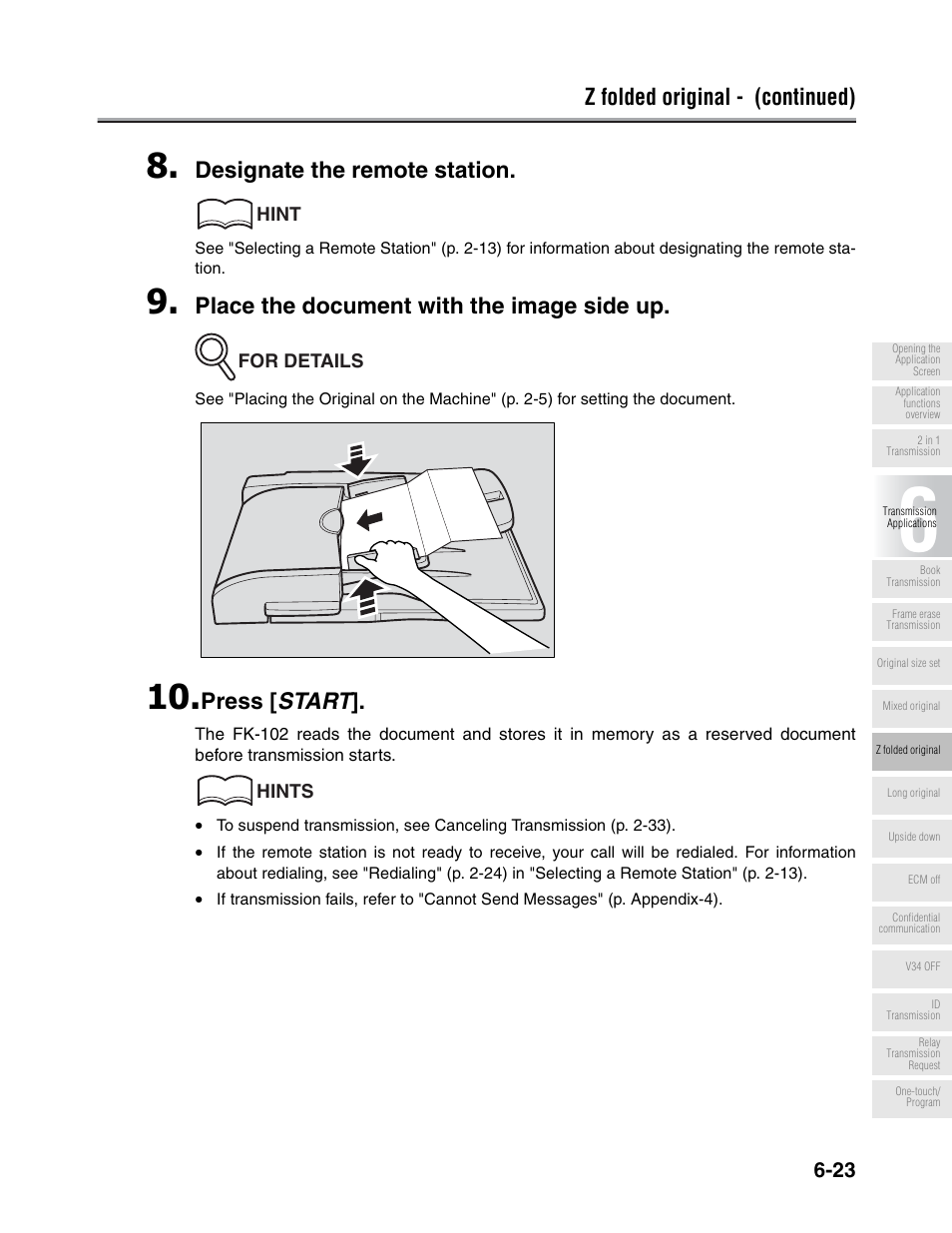 Z folded original - (continued), Designate the remote station, Place the document with the image side up | Press [ start | Konica Minolta FK-102 User Manual | Page 134 / 329