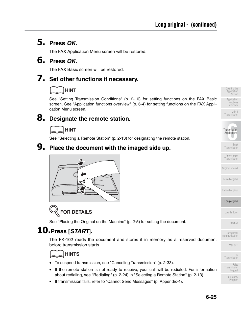 Long original - (continued), Press ok, Set other functions if necessary | Designate the remote station, Place the document with the imaged side up, Press [ start | Konica Minolta FK-102 User Manual | Page 136 / 329