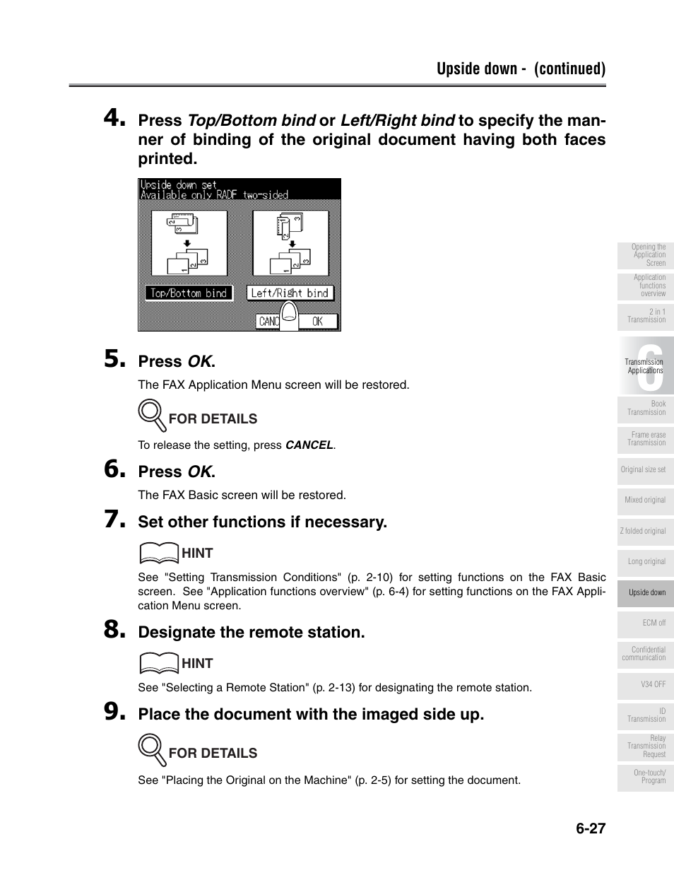 Upside down - (continued), Press ok, Set other functions if necessary | Designate the remote station, Place the document with the imaged side up | Konica Minolta FK-102 User Manual | Page 138 / 329