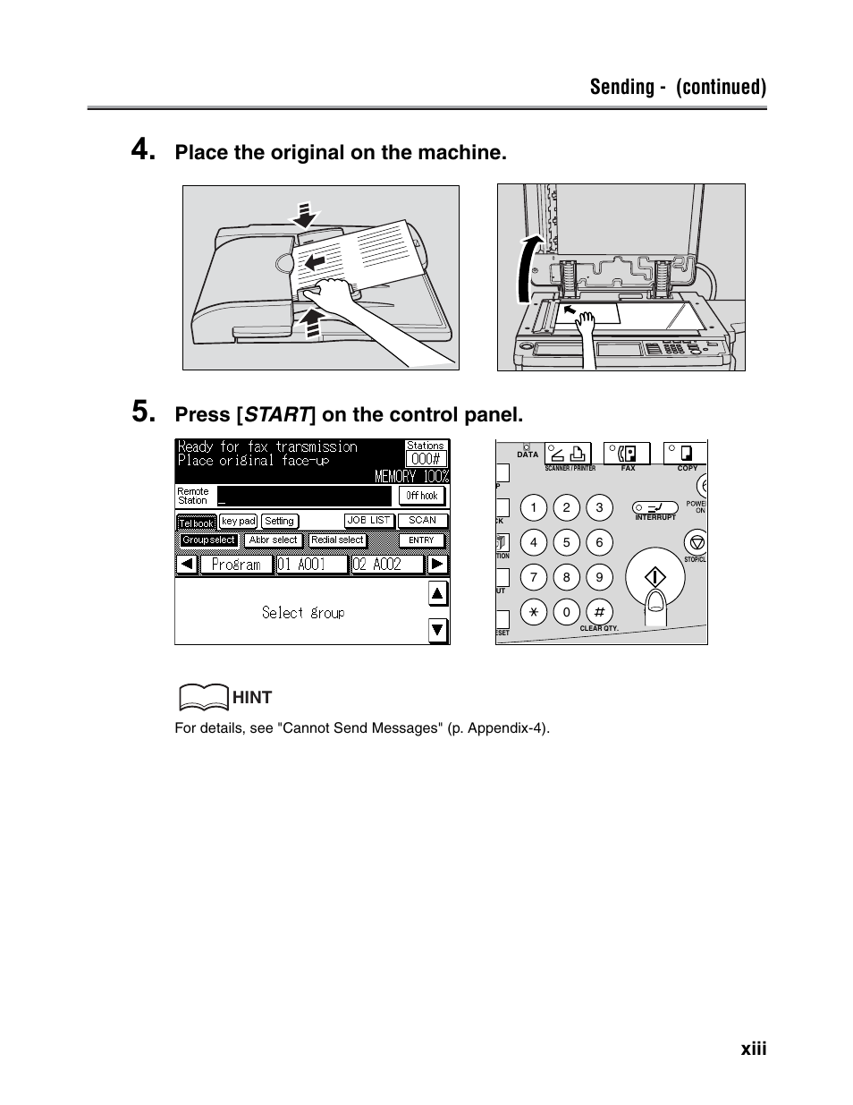 Sending - (continued), Place the original on the machine, Press [ start ] on the control panel | Xiii, Hint | Konica Minolta FK-102 User Manual | Page 14 / 329