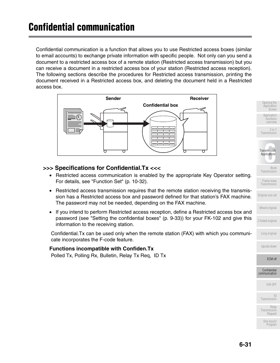 Confidential communication, Specifications for confidential.tx | Konica Minolta FK-102 User Manual | Page 142 / 329