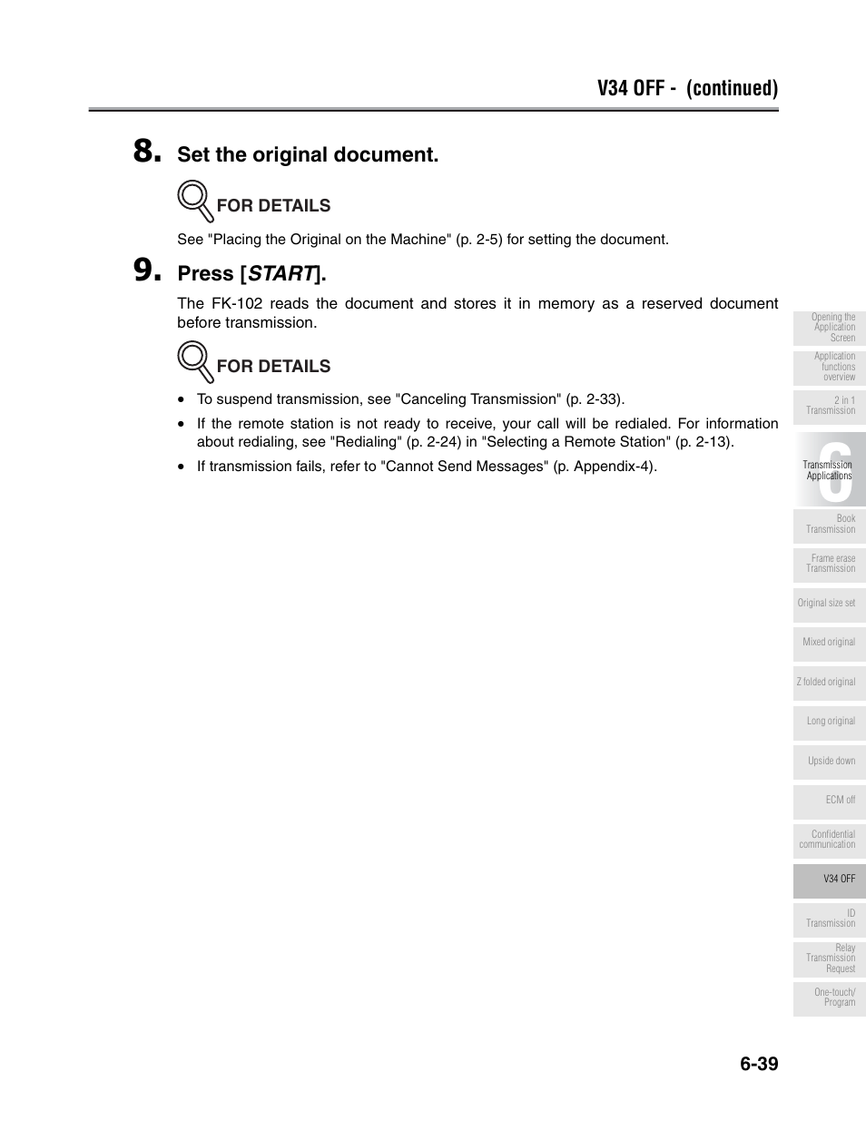 V34 off - (continued), Set the original document, Press [ start | Konica Minolta FK-102 User Manual | Page 150 / 329