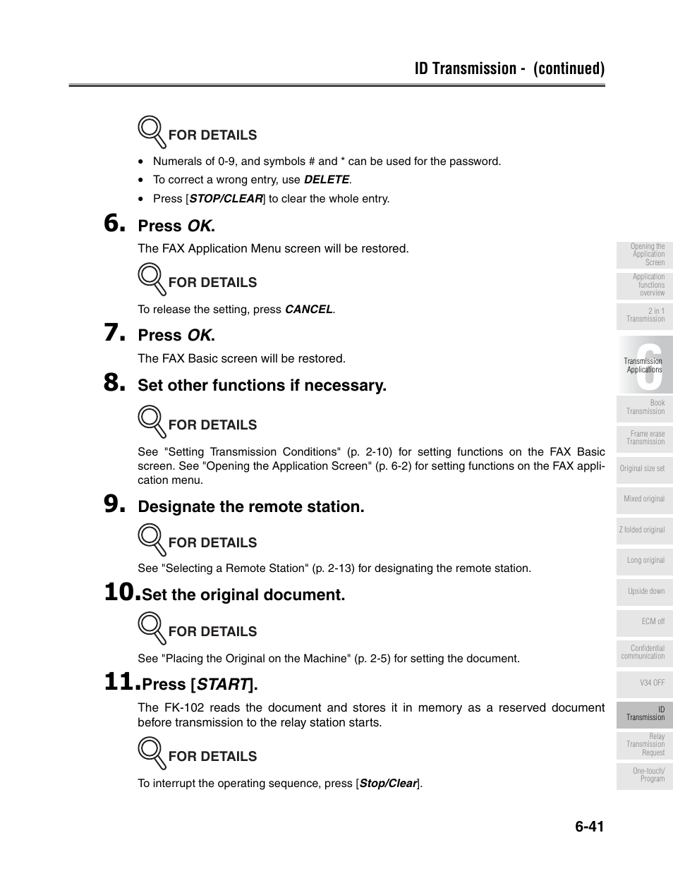 Id transmission - (continued), Press ok, Set other functions if necessary | Designate the remote station, Set the original document, Press [ start | Konica Minolta FK-102 User Manual | Page 152 / 329