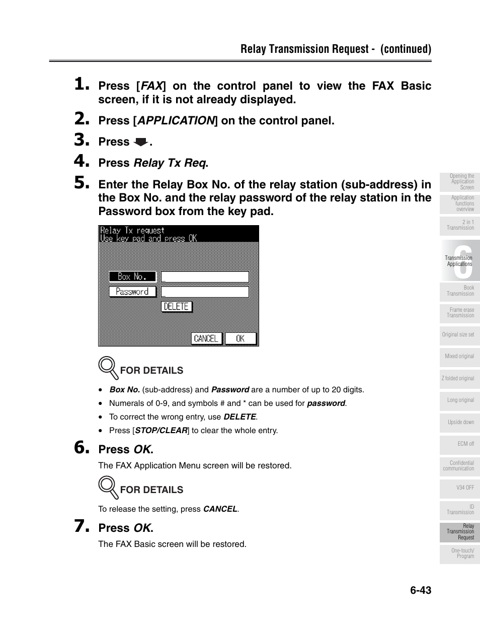 Relay transmission request - (continued), Press [ application ] on the control panel, Press | Press relay tx req, Press ok | Konica Minolta FK-102 User Manual | Page 154 / 329