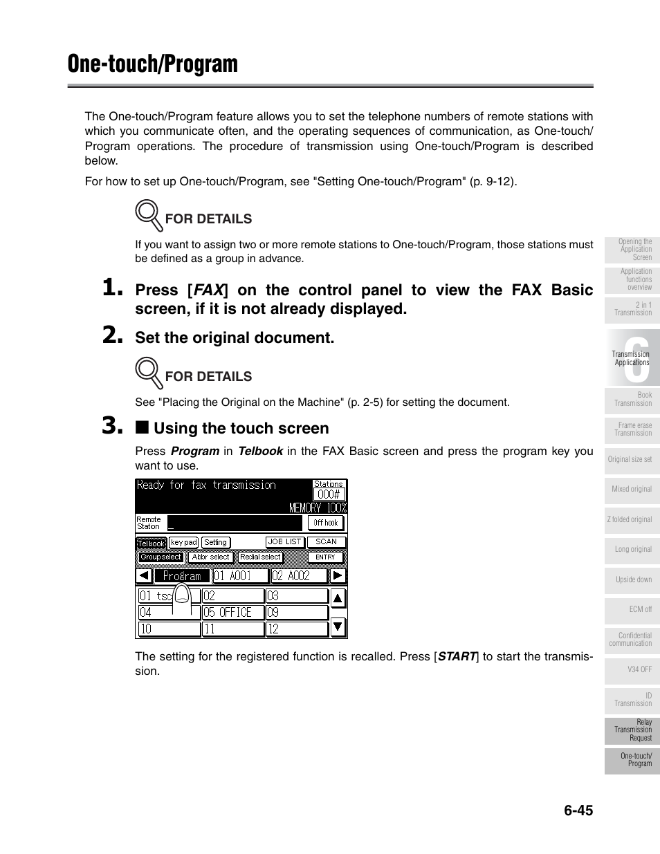 One-touch/program, Set the original document, Using the touch screen | Konica Minolta FK-102 User Manual | Page 156 / 329