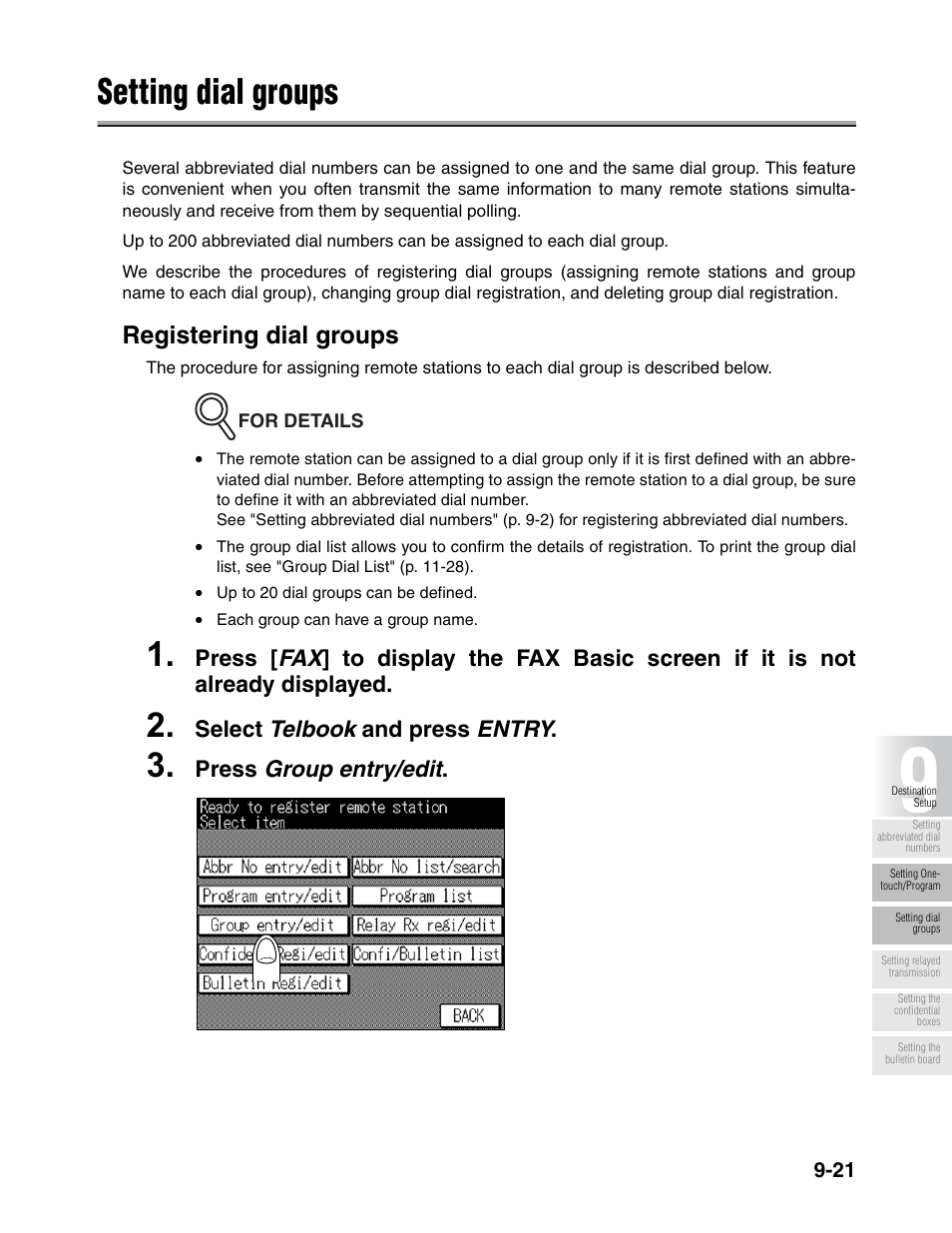 Setting dial groups, Registering dial groups | Konica Minolta FK-102 User Manual | Page 199 / 329