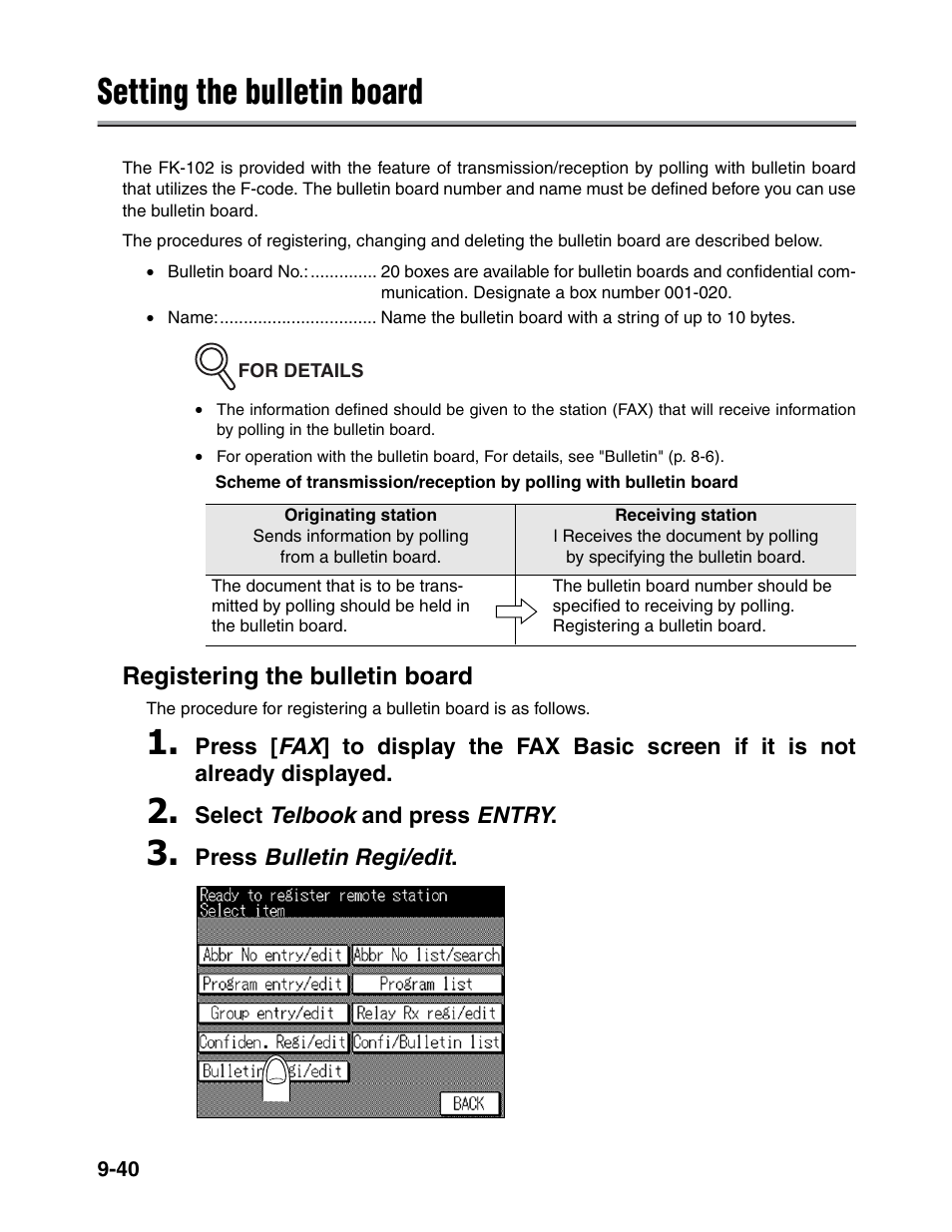 Setting the bulletin board, Registering the bulletin board | Konica Minolta FK-102 User Manual | Page 218 / 329