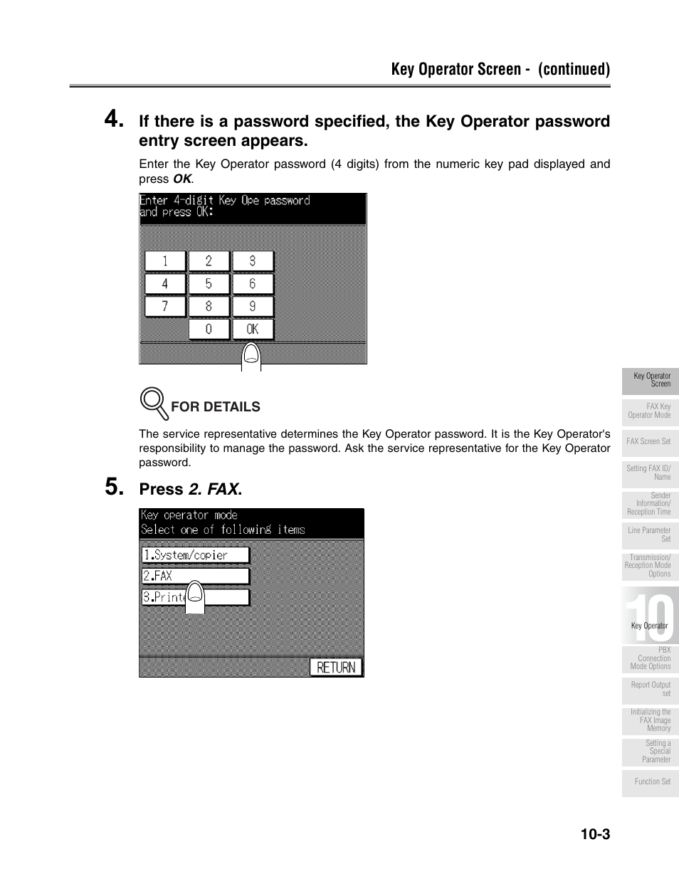Key operator screen - (continued), Press 2. fax | Konica Minolta FK-102 User Manual | Page 225 / 329