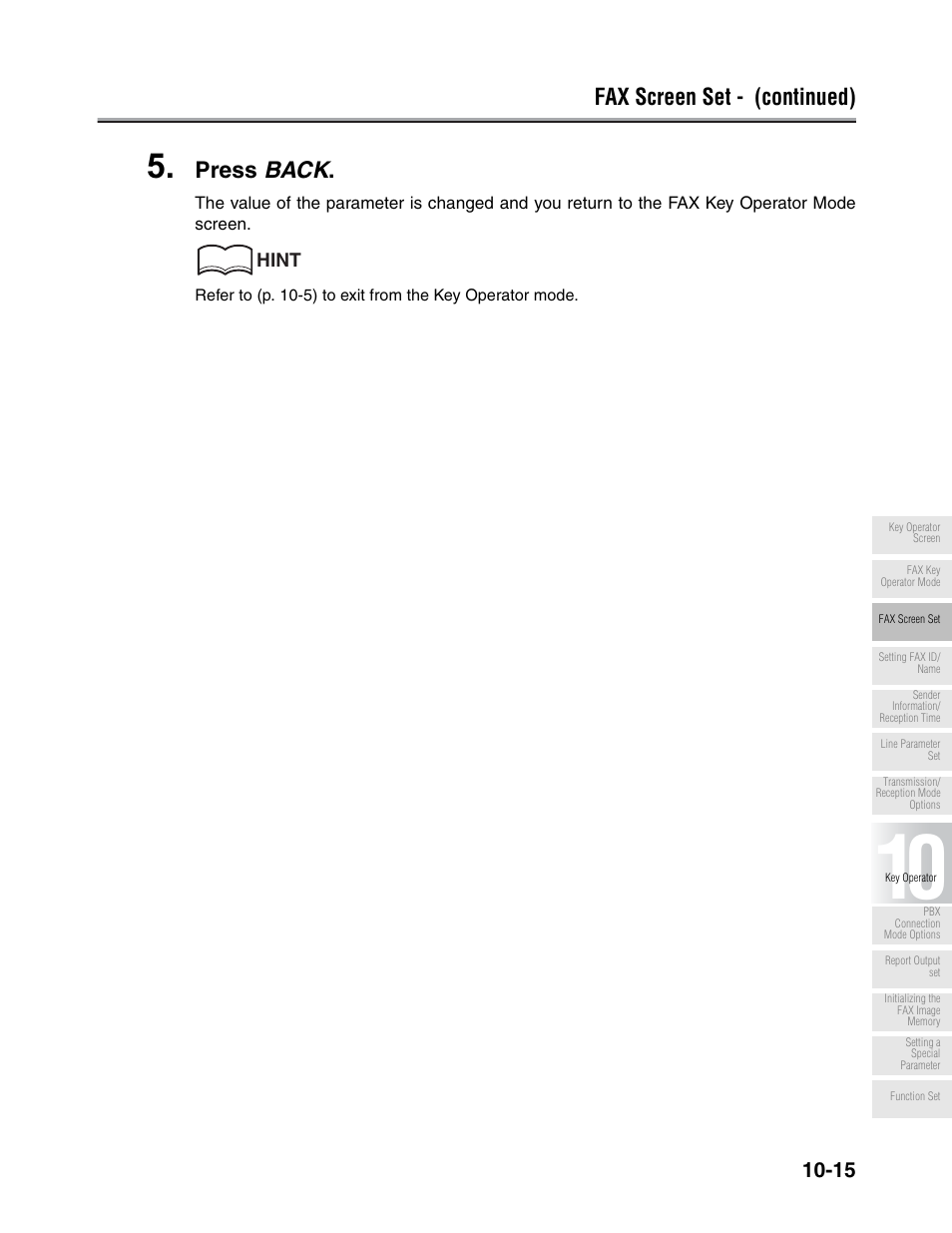 Fax screen set - (continued), Press back, Hint | Konica Minolta FK-102 User Manual | Page 237 / 329
