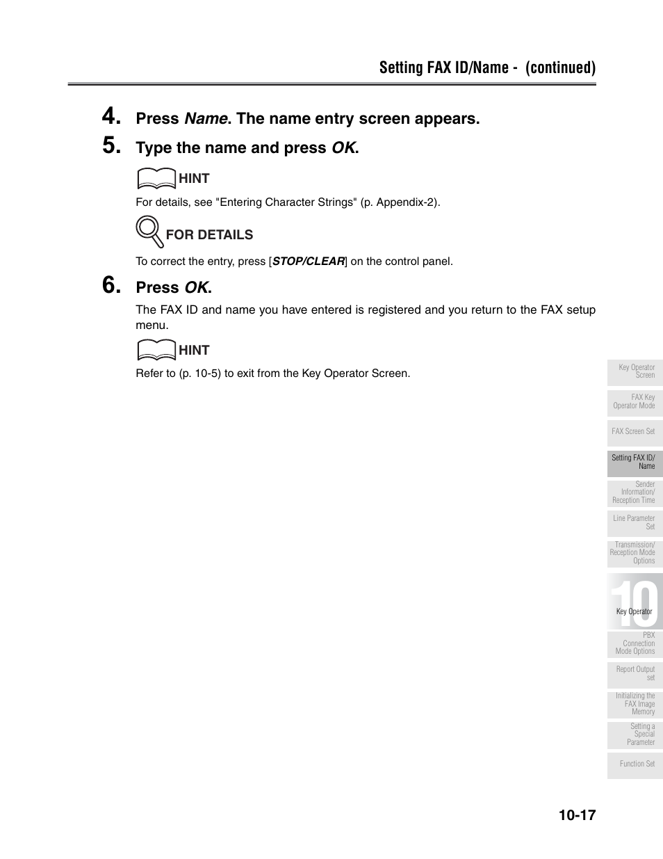 Setting fax id/name - (continued), Press name . the name entry screen appears, Type the name and press ok | Press ok | Konica Minolta FK-102 User Manual | Page 239 / 329