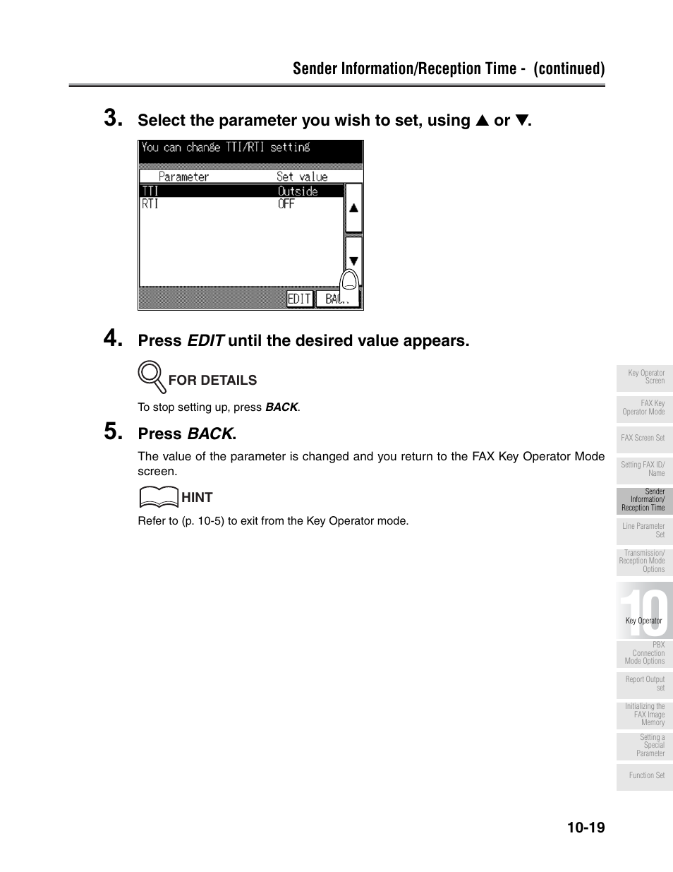 Sender information/reception time - (continued), Select the parameter you wish to set, using ▲ or, Press edit until the desired value appears | Press back | Konica Minolta FK-102 User Manual | Page 241 / 329