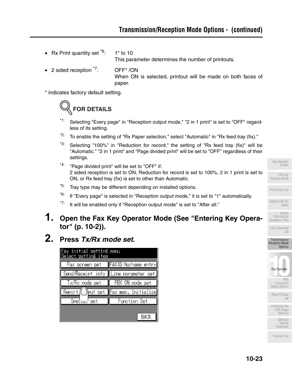 Transmission/reception mode options - (continued), Press tx/rx mode set, For details | Konica Minolta FK-102 User Manual | Page 245 / 329