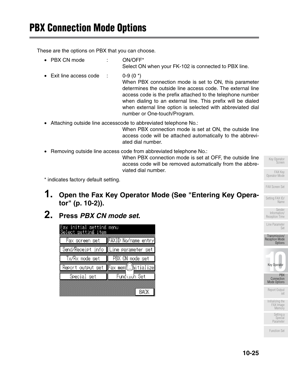 Pbx connection mode options, Press pbx cn mode set | Konica Minolta FK-102 User Manual | Page 247 / 329