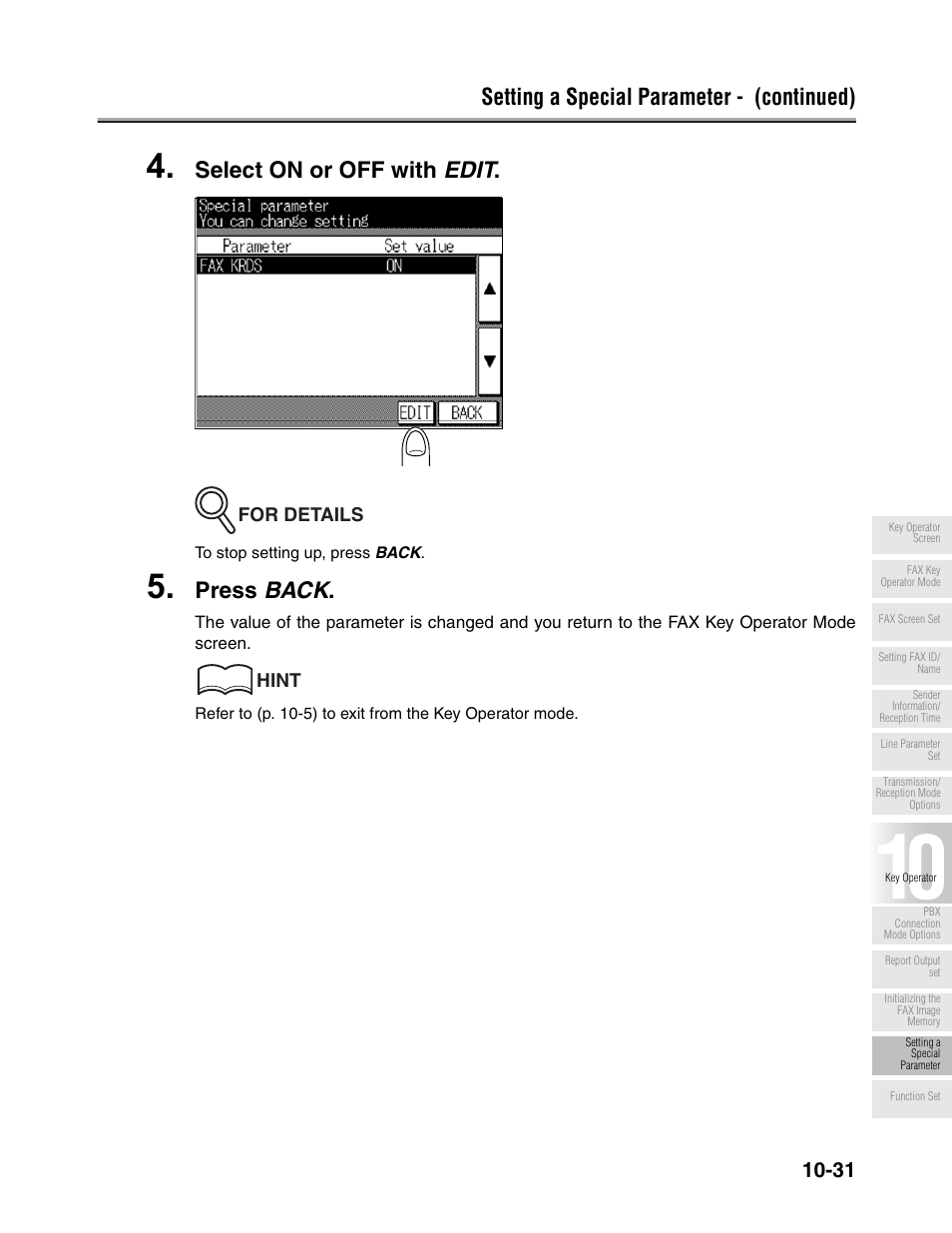 Setting a special parameter - (continued), Select on or off with edit, Press back | Konica Minolta FK-102 User Manual | Page 253 / 329