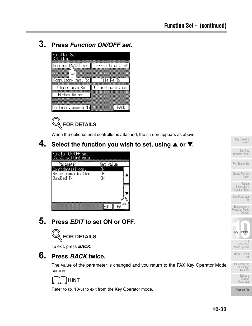 Function set - (continued), Press function on/off set, Select the function you wish to set, using ▲ or | Press edit to set on or off, Press back twice | Konica Minolta FK-102 User Manual | Page 255 / 329