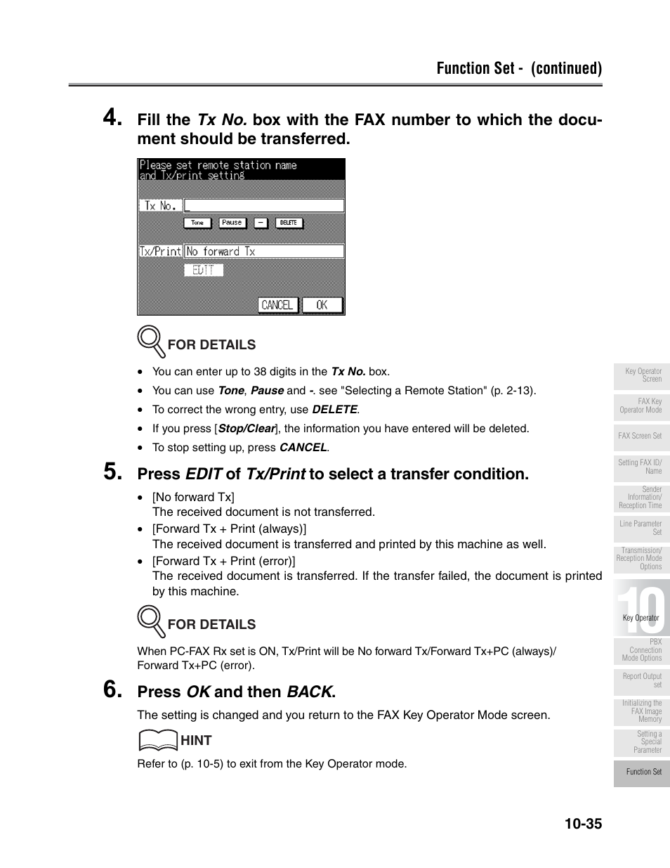 Function set - (continued), Press ok and then back | Konica Minolta FK-102 User Manual | Page 257 / 329