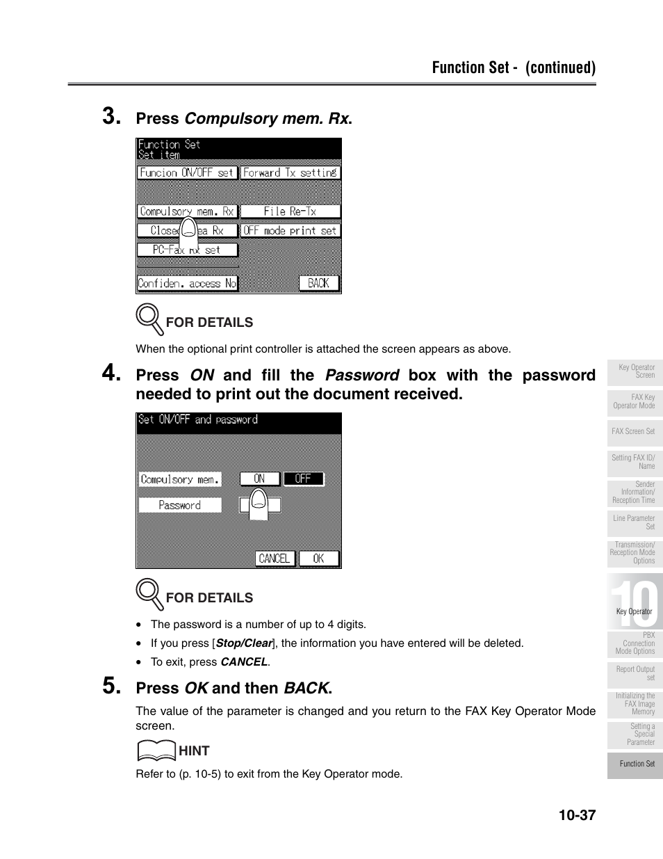 Function set - (continued), Press compulsory mem. rx, Press ok and then back | Konica Minolta FK-102 User Manual | Page 259 / 329