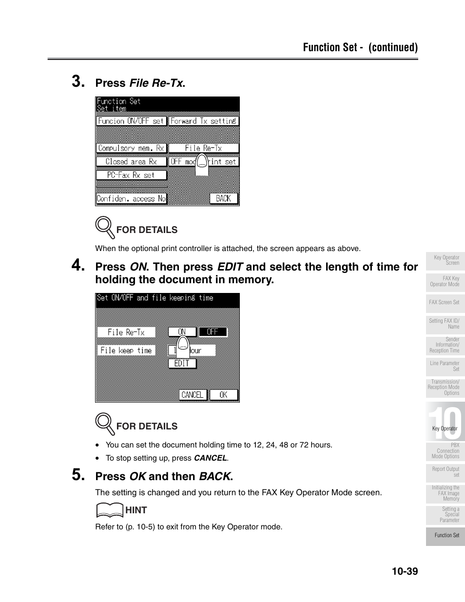 Function set - (continued), Press file re-tx, Press ok and then back | Konica Minolta FK-102 User Manual | Page 261 / 329