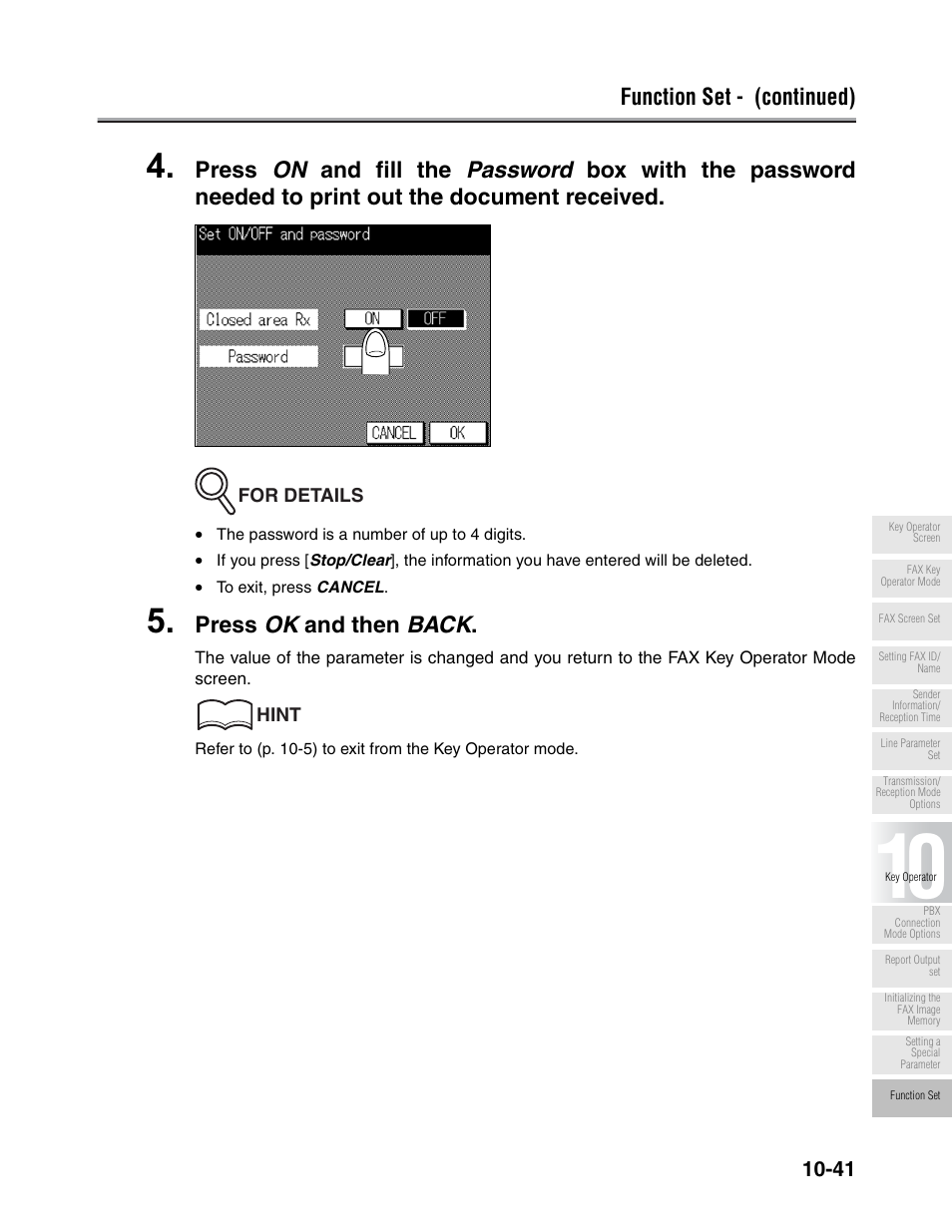 Function set - (continued), Press ok and then back | Konica Minolta FK-102 User Manual | Page 263 / 329
