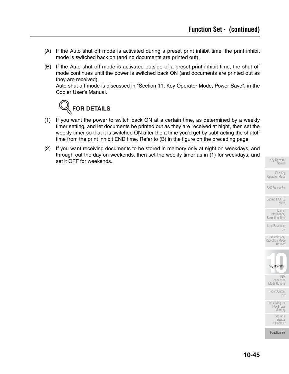 Function set - (continued), For details | Konica Minolta FK-102 User Manual | Page 267 / 329
