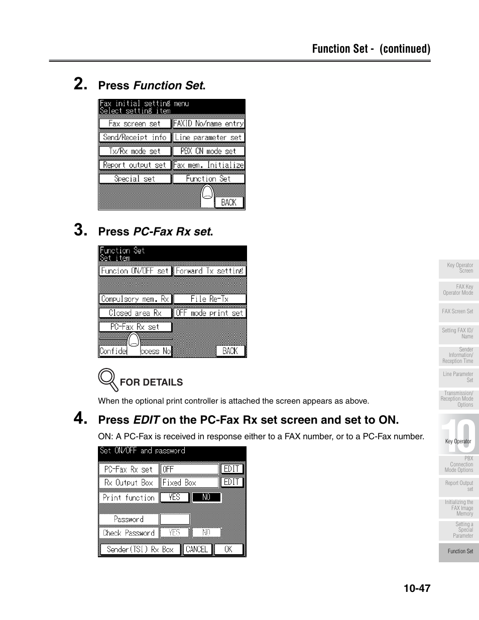 Function set - (continued), Press function set, Press pc-fax rx set | Konica Minolta FK-102 User Manual | Page 269 / 329