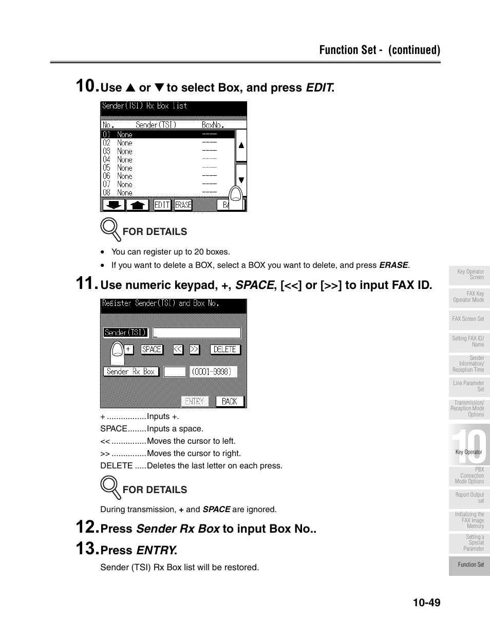 Function set - (continued), Use ▲ or ▼ to select box, and press edit, Press sender rx box to input box no | Press entry | Konica Minolta FK-102 User Manual | Page 271 / 329