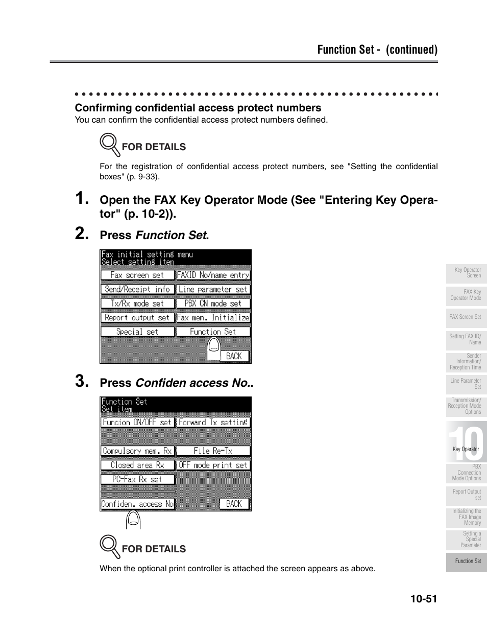 Function set - (continued), Press function set, Press confiden access no | Confirming confidential access protect numbers | Konica Minolta FK-102 User Manual | Page 273 / 329