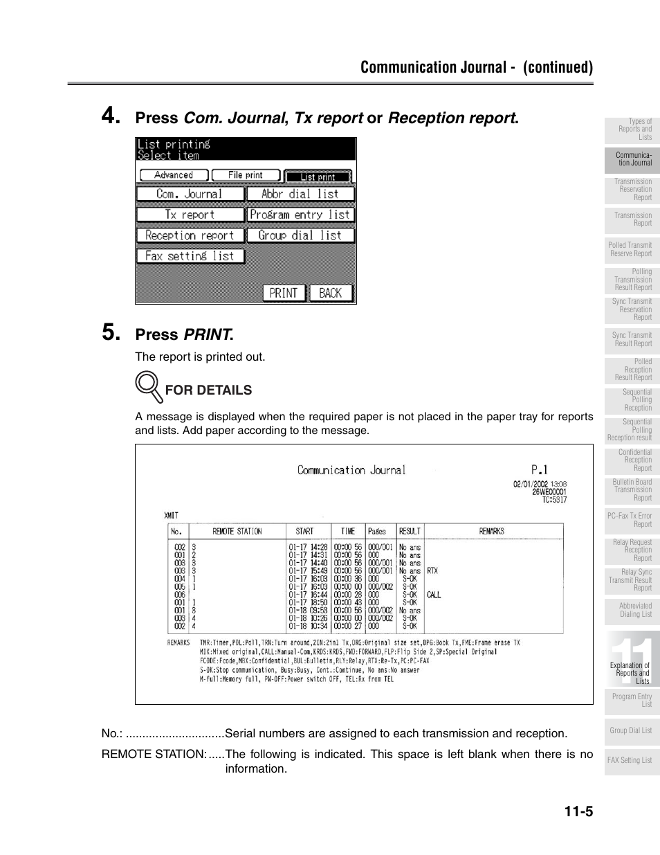 Communication journal - (continued), Press com. journal , tx report or reception report, Press print | For details | Konica Minolta FK-102 User Manual | Page 279 / 329