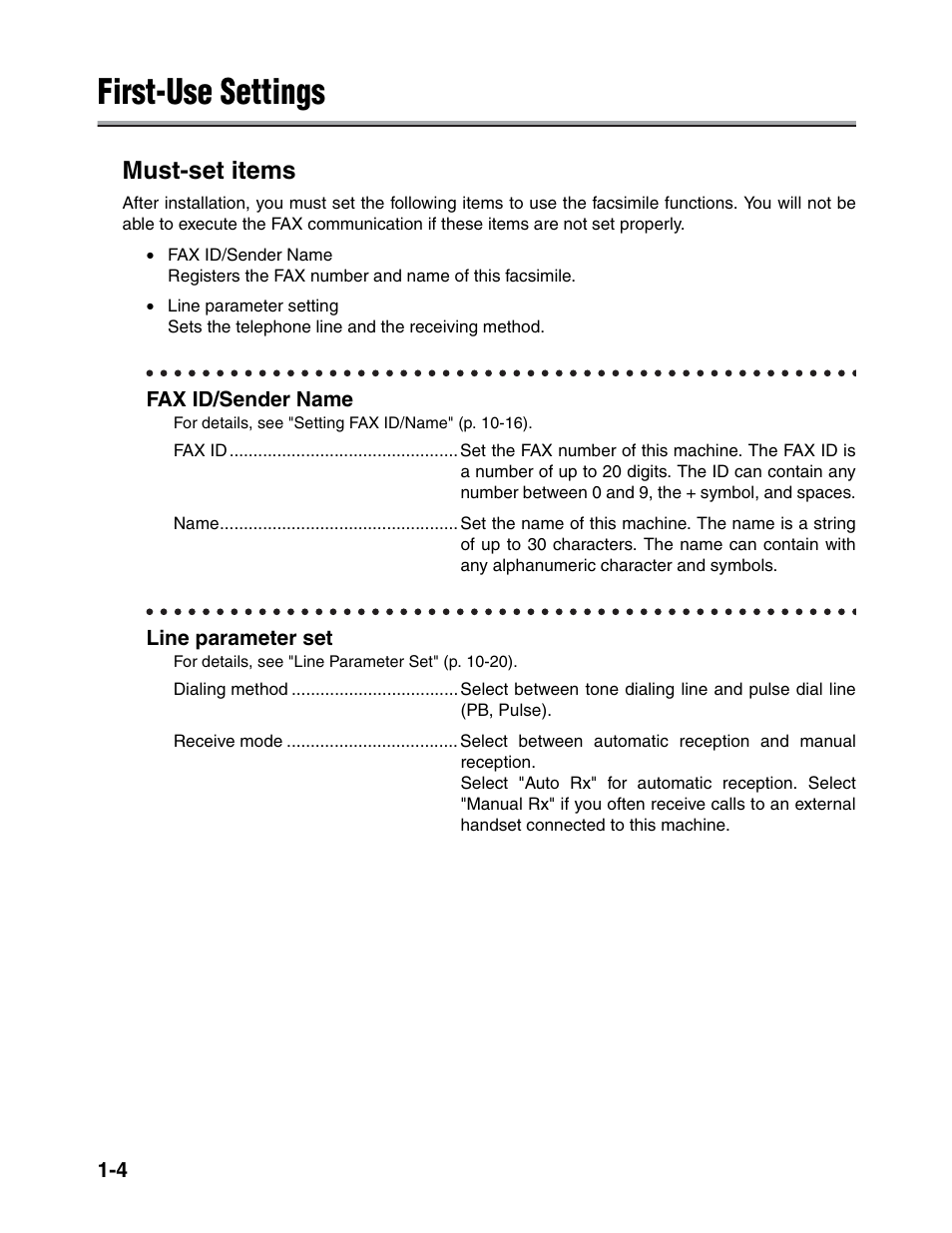 First-use settings, Must-set items | Konica Minolta FK-102 User Manual | Page 29 / 329